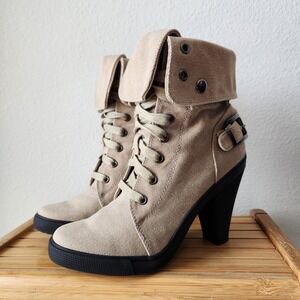 Aldo Womens Military Tan‎ Green Lace Up High Heel Combat Boots Booties Size 8.5